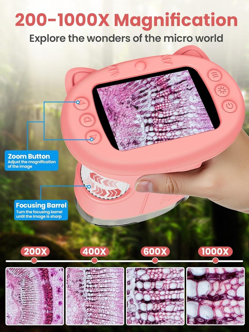 Vorth Microscope for Kids, 2.4 Inch Digital Microscope with 1000X Magnification, Handheld Camera Mini Pocket Magnifying Glass, Educational Christmas Birthday Gifts Toys for Ages 3+, Pink - Image 4